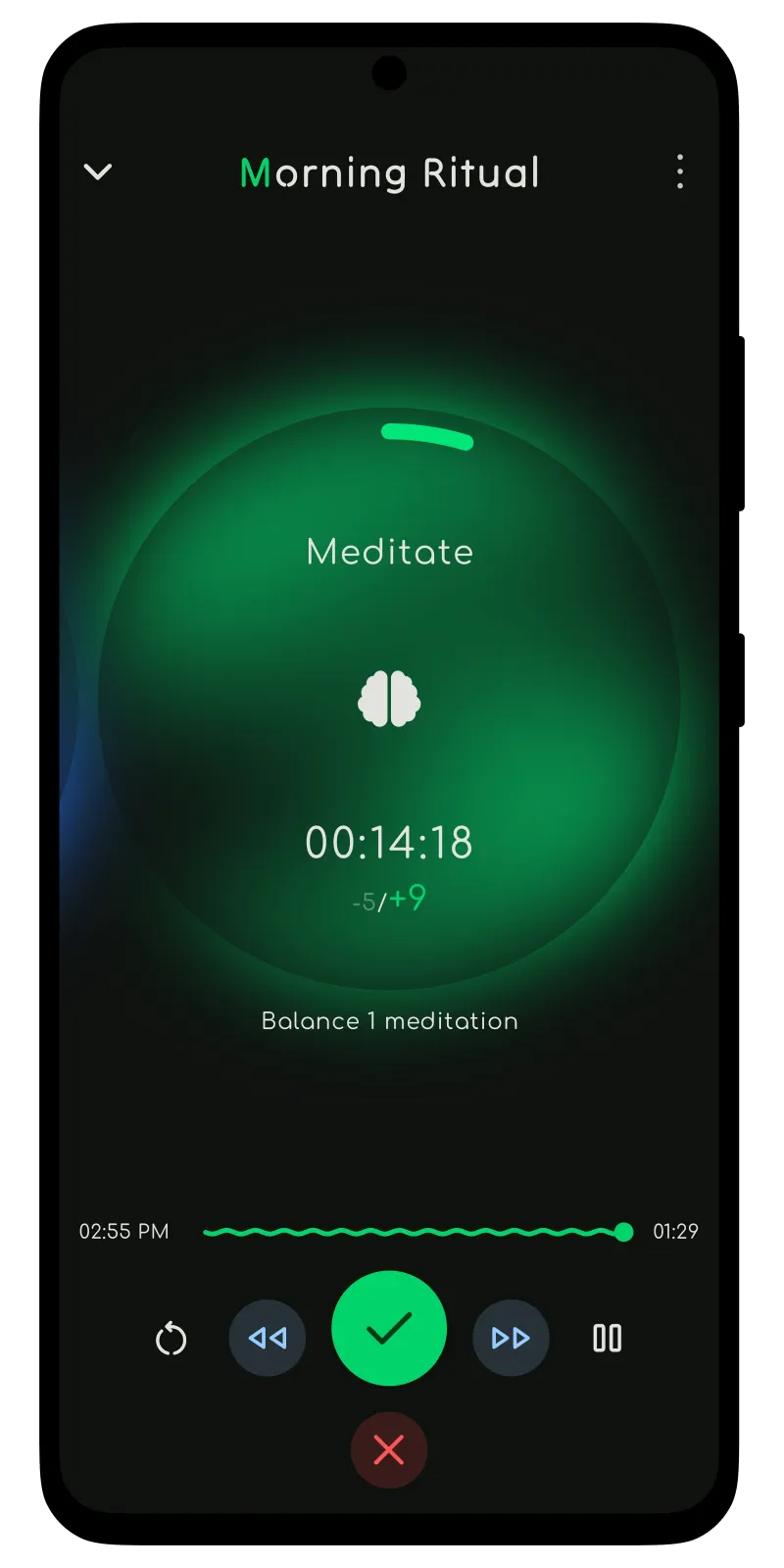 A mobile app displaying a colorful meditation timer